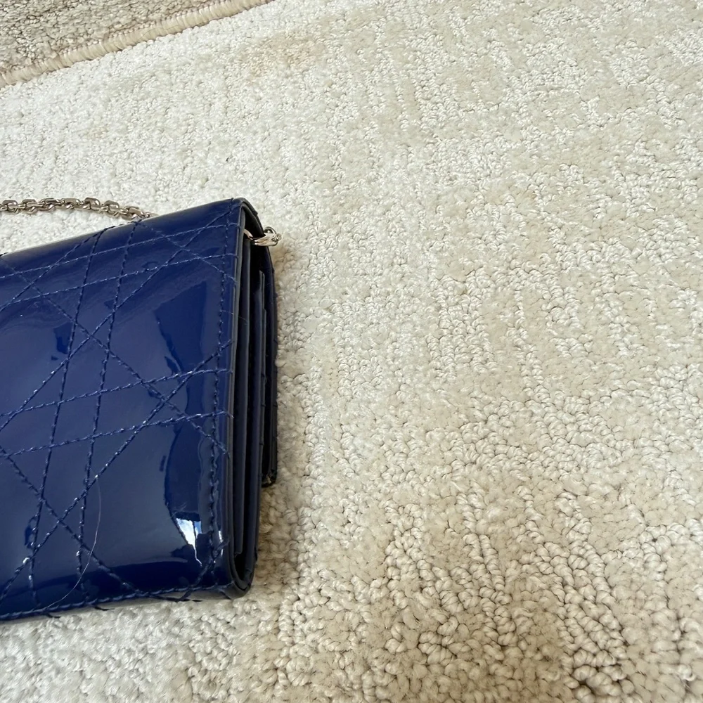 Christian Dior Wallet on Chain in Navy Patent Leather Full Set